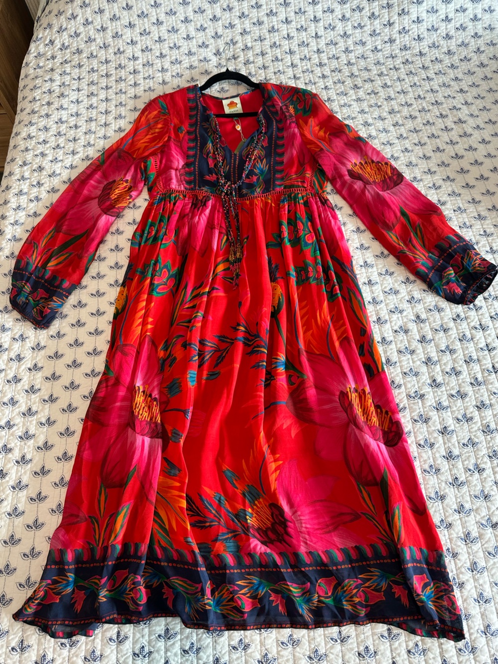 FARM Rio Red Floral Long-Sleeve Midi Dress - New With Tags - Picture 2 of 7